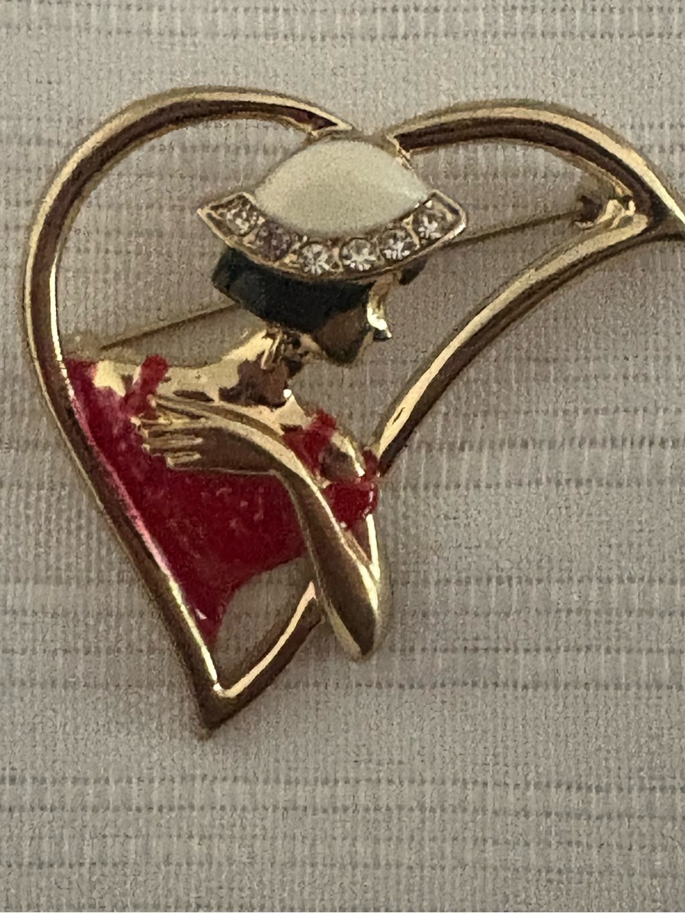 Gold-Tone Lady Silhouette Brooch with Red Dress and White Rhinestone Hat
